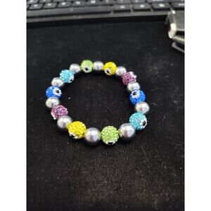 Evil Eye Multi Color Crystal & Stainless Steel Stretchy Bracelet W/ 10mm Beads